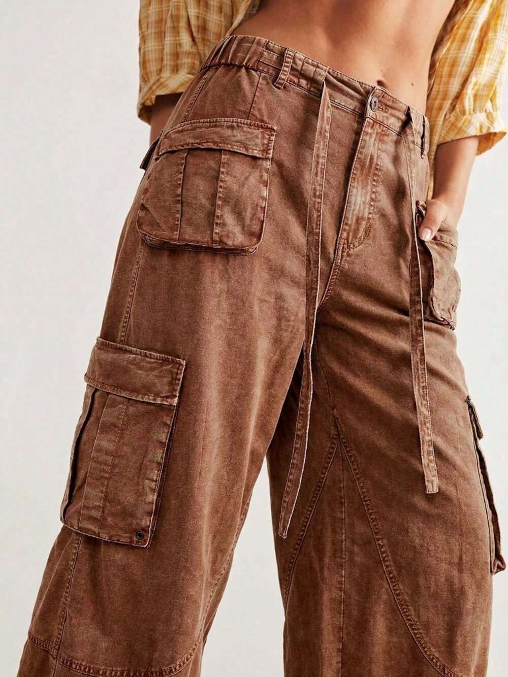Brown Casual Women's Woven Loose Drawstring Waist Low-Rise Wide Leg Pants - Picture 4 of 10